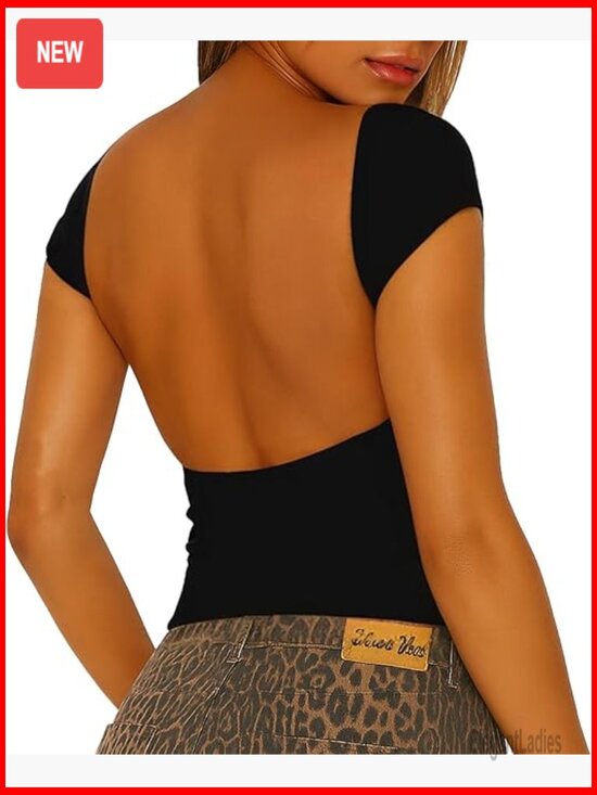 Tops - Women's Sexy Backless Y2K Crop Top Crewneck Slim Fit Short Sleeve Summer Tee